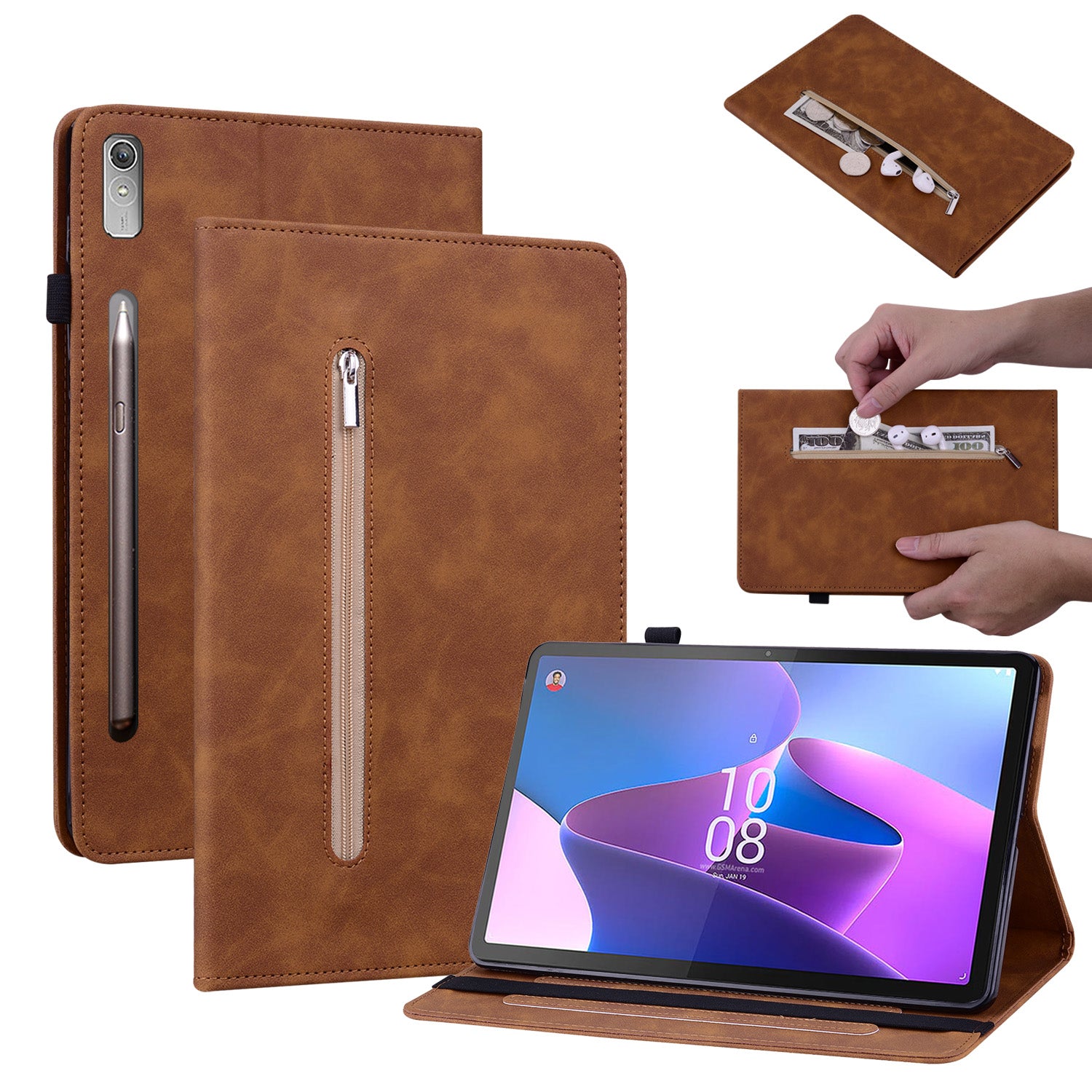 For Lenovo Tab P11 Pro Gen 2 PU Leather Case Elastic Band Closure Tablet Cover with Zipper Pocket