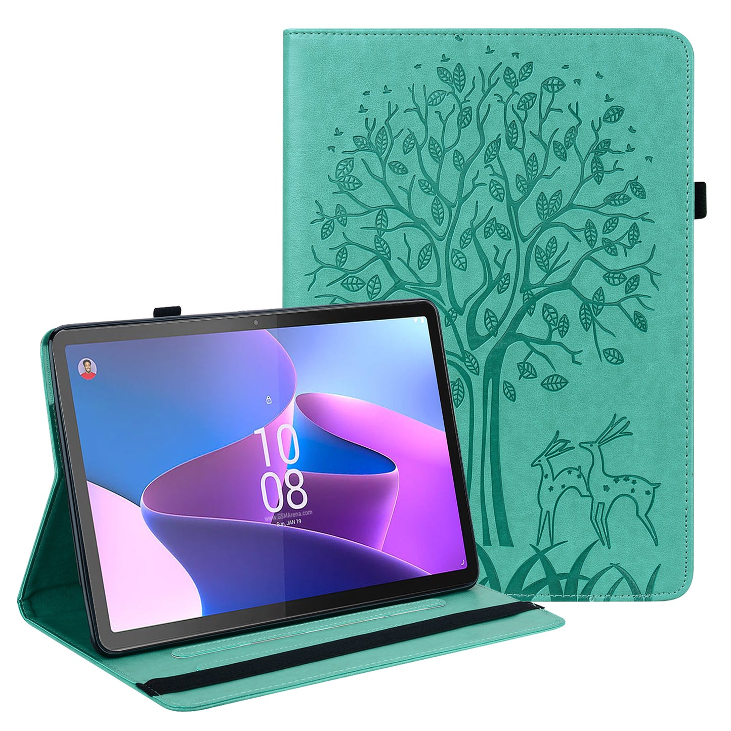 For Lenovo Tab P11 Pro Gen 2 Anti-Drop Leather Case Tree Deer Imprinted Stand Cover with Card Slots, Elastic Band