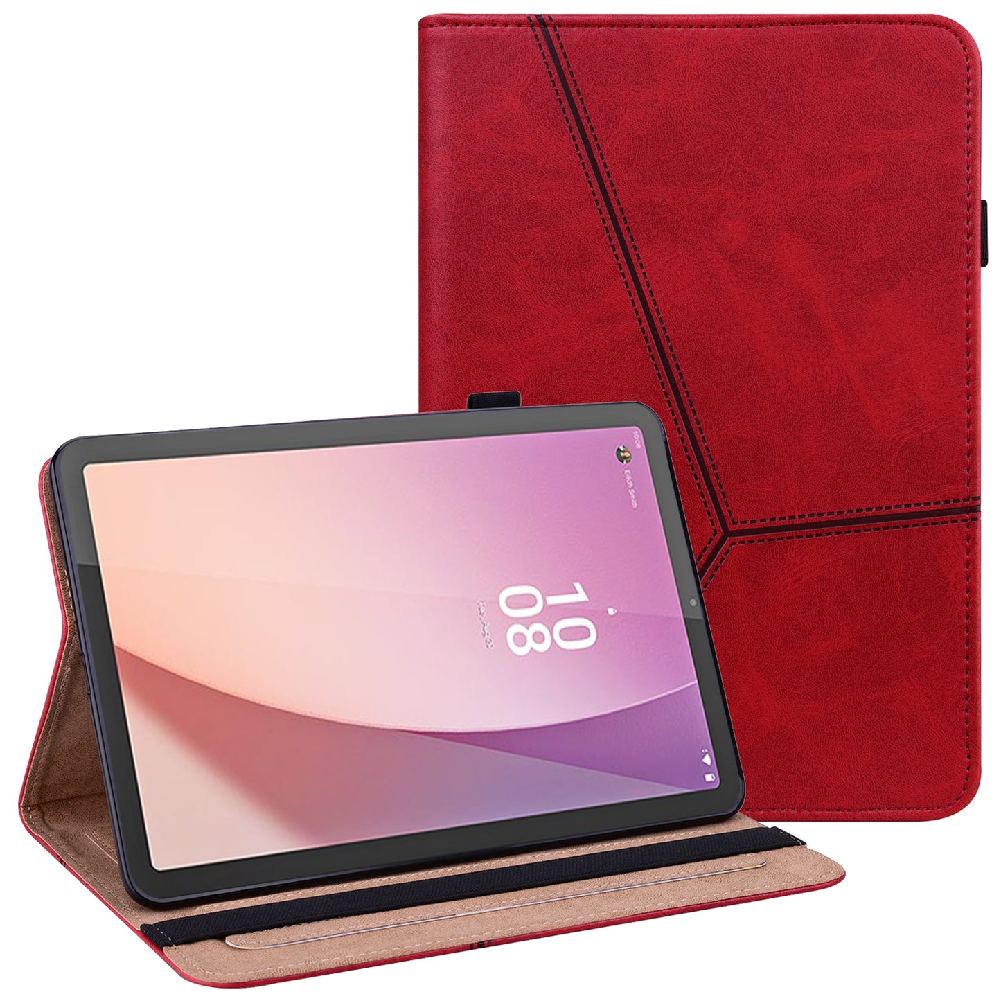 Flip Book Stand Cover for Lenovo Tab M9 , PU Leather Line Imprinted Tablet Case with Card Slots