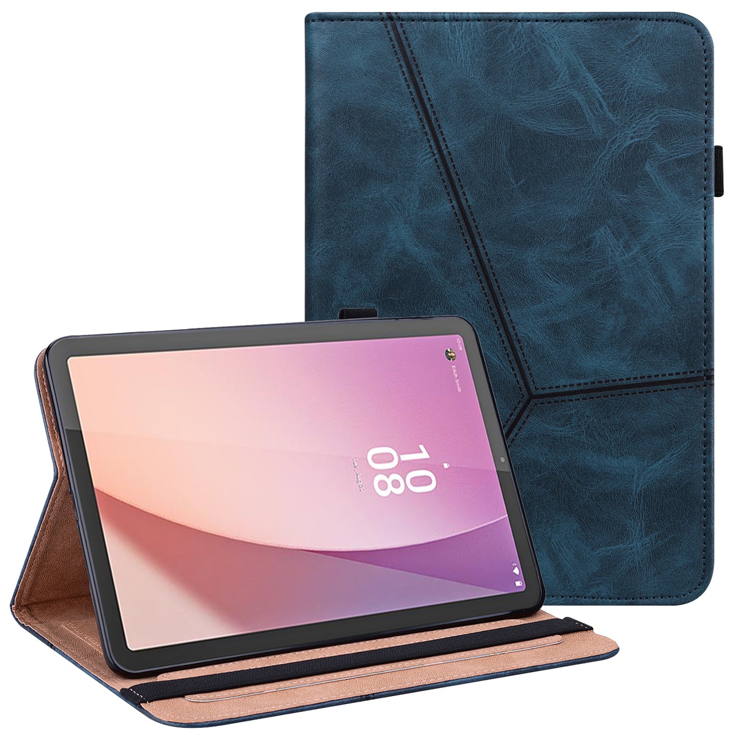 Flip Book Stand Cover for Lenovo Tab M9 , PU Leather Line Imprinted Tablet Case with Card Slots