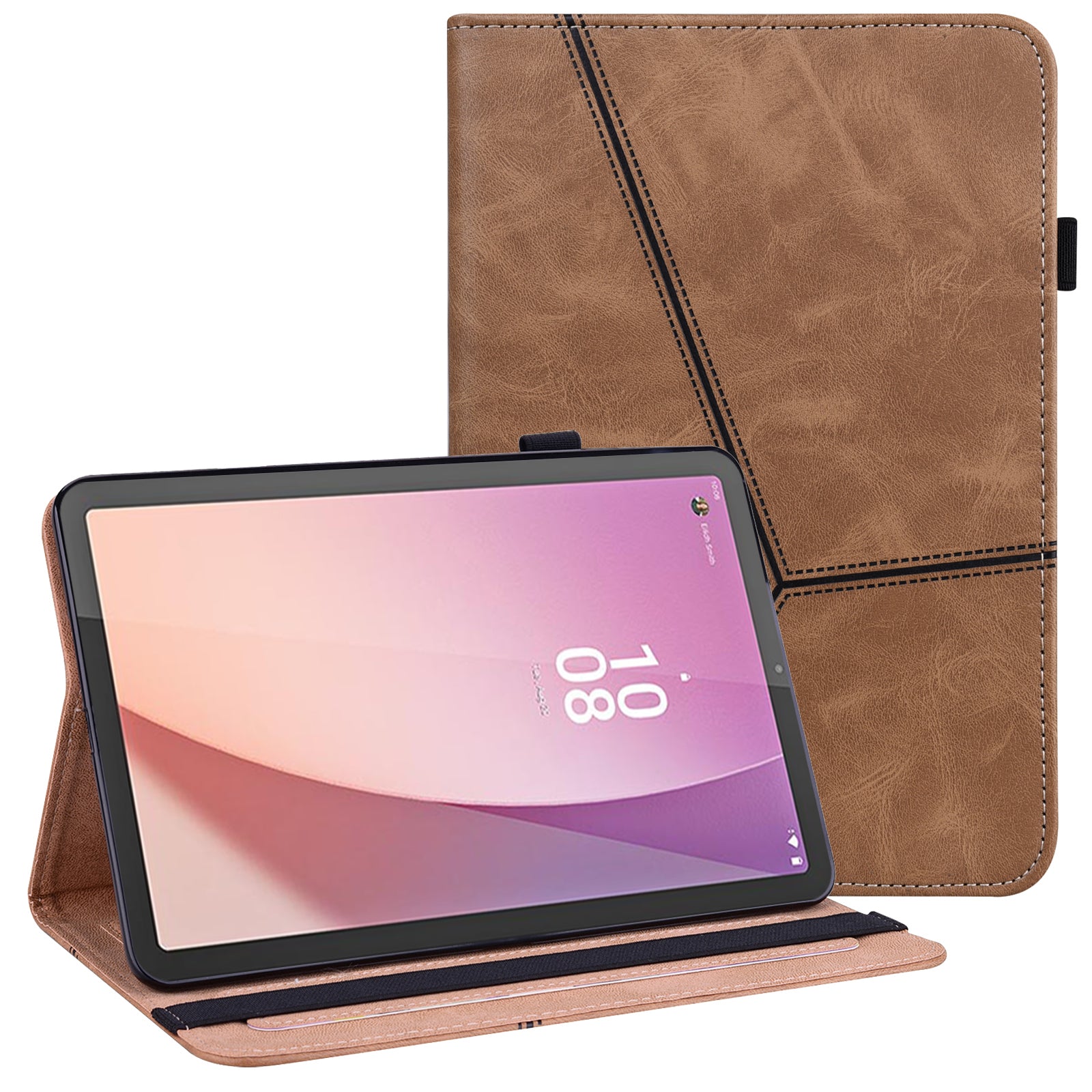 Flip Book Stand Cover for Lenovo Tab M9 , PU Leather Line Imprinted Tablet Case with Card Slots