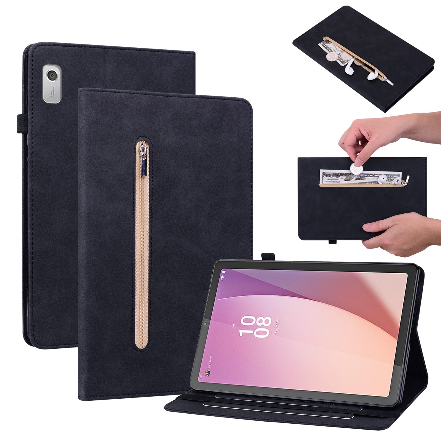 For Lenovo Tab M9 Tablet Case PU Leather Stand Zipper Pocket Card Slot Protection Wallet Cover