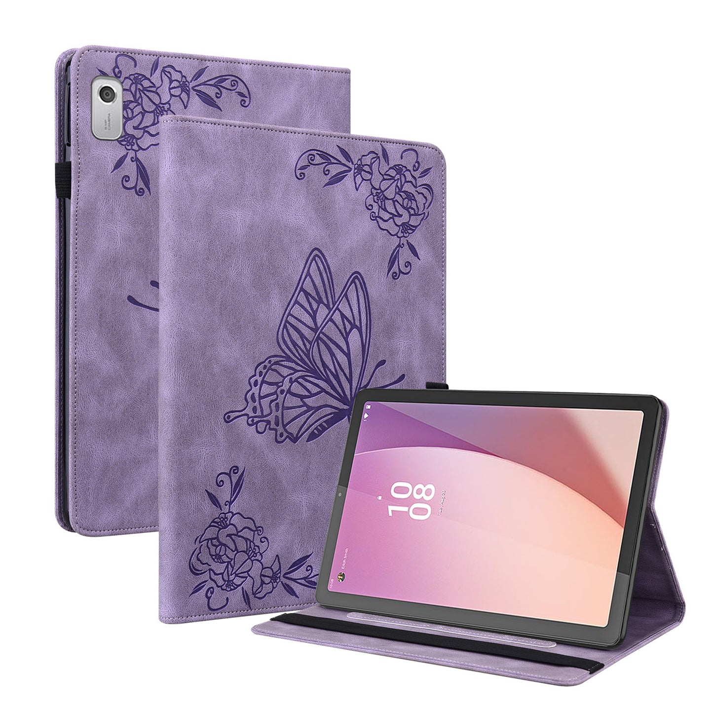 For Lenovo Tab M9 Imprinted Butterfly Flower PU Leather Card Holder Stand Tablet Case with Pen Loop