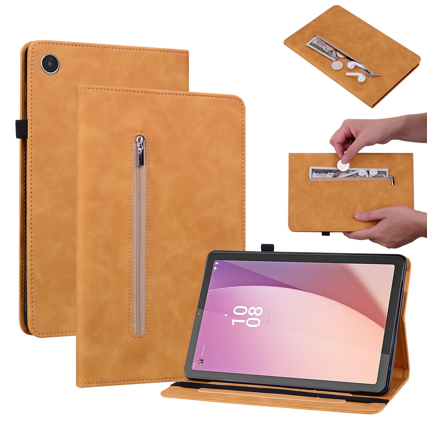 For Lenovo Tab M8 Gen 4 Stand Tablet Leather Case Zipper Pocket Card Holder Tablet Cover