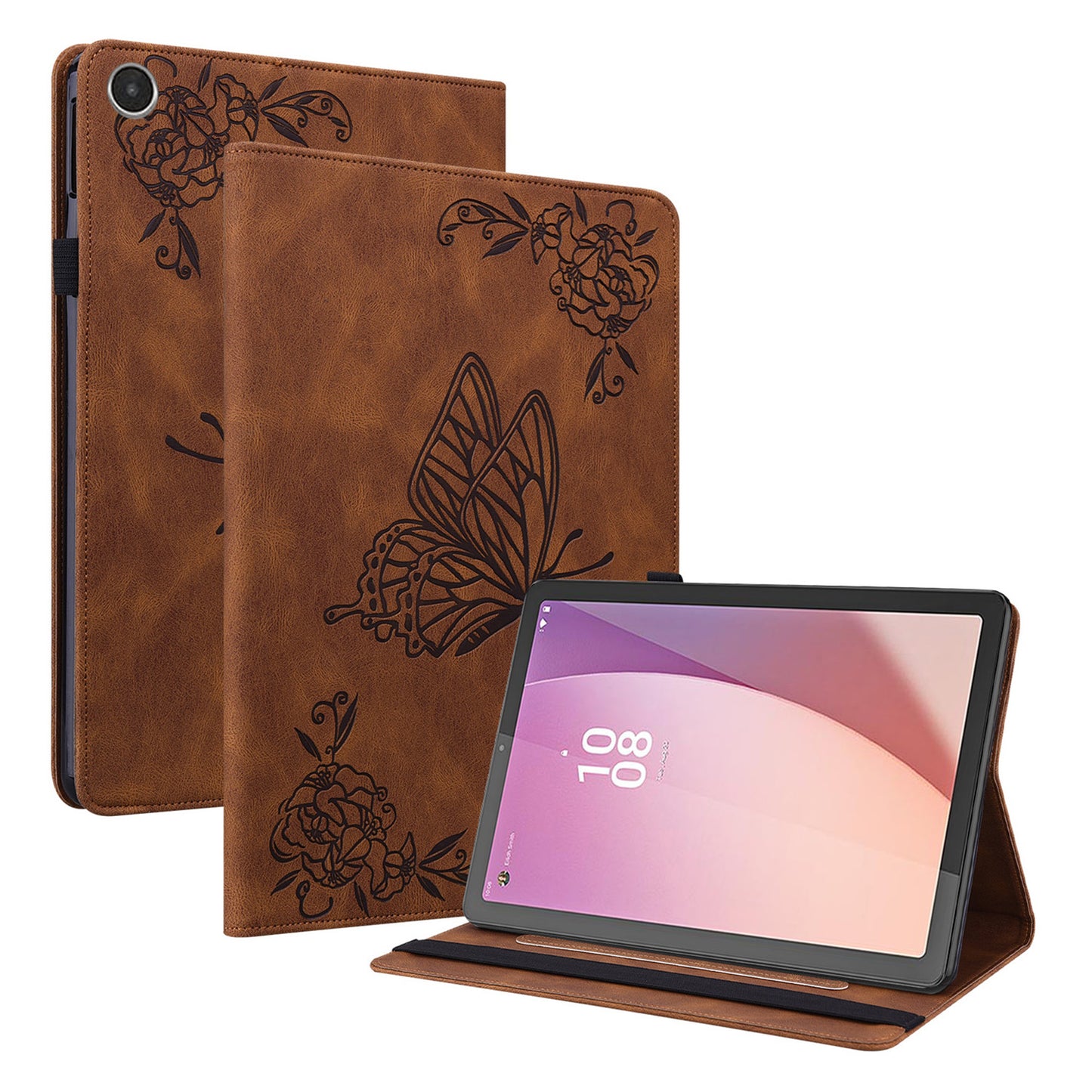 For Lenovo Tab M8 Gen 4 Stand Leather Tablet Case Imprinted Butterfly Flower Card Holder Tablet Cover