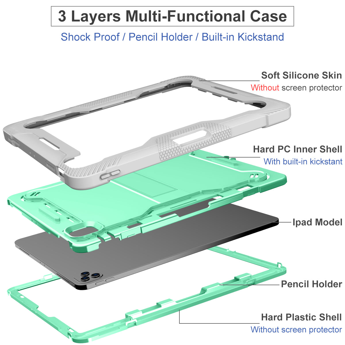 Kickstand Tablet Case for iPad Pro 12.9 (2018) / (2020) / (2021) / (2022) , Silicone + PC Protective Cover with Pencil Holder