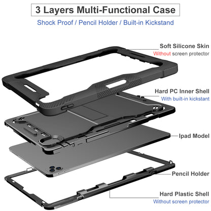 Kickstand Tablet Case for iPad Pro 12.9 (2018) / (2020) / (2021) / (2022) , Silicone + PC Protective Cover with Pencil Holder