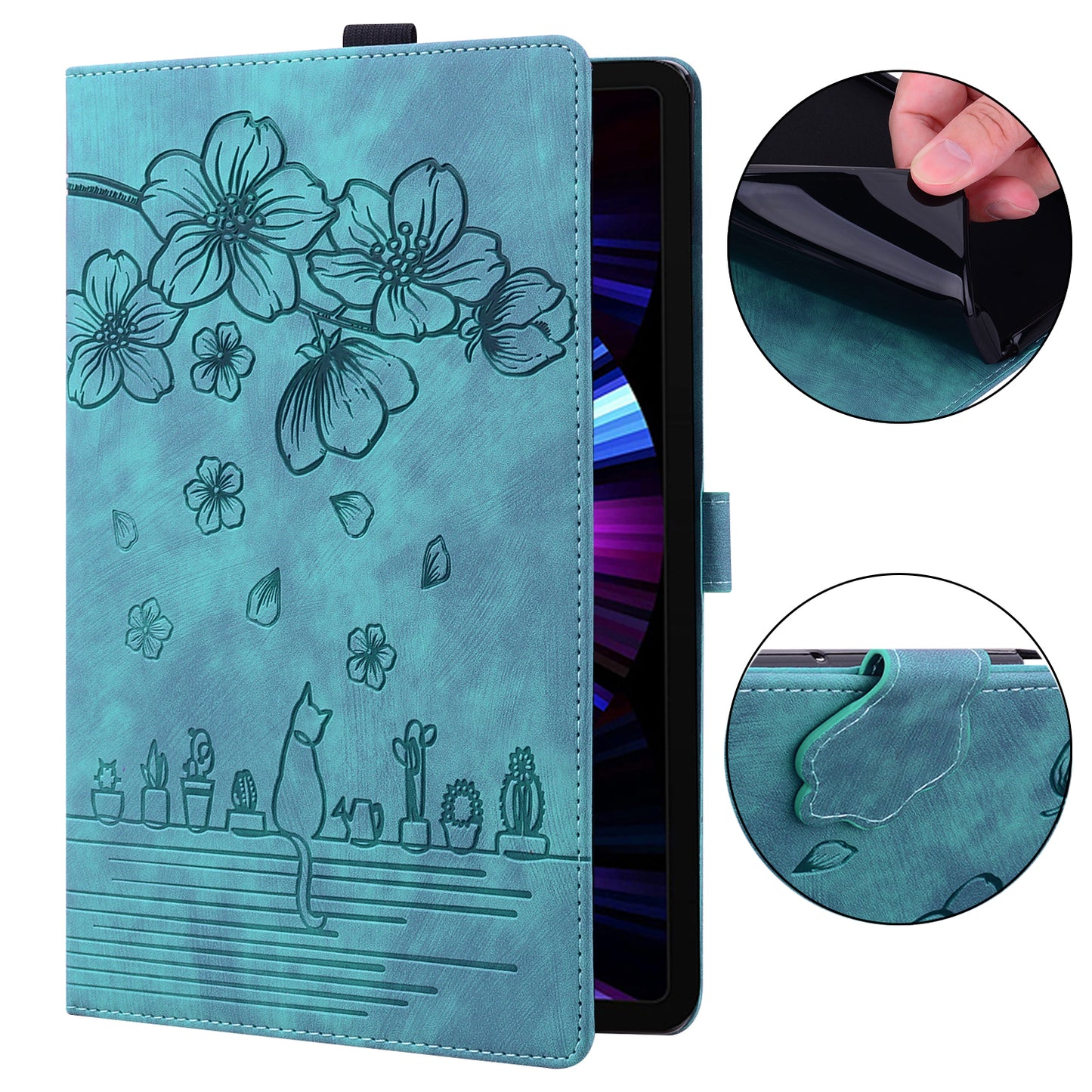 For Samsung Galaxy Tab S8 Ultra Card Slots Leather Tablet Case Stand Imprinted Flower Cat Tablet Cover