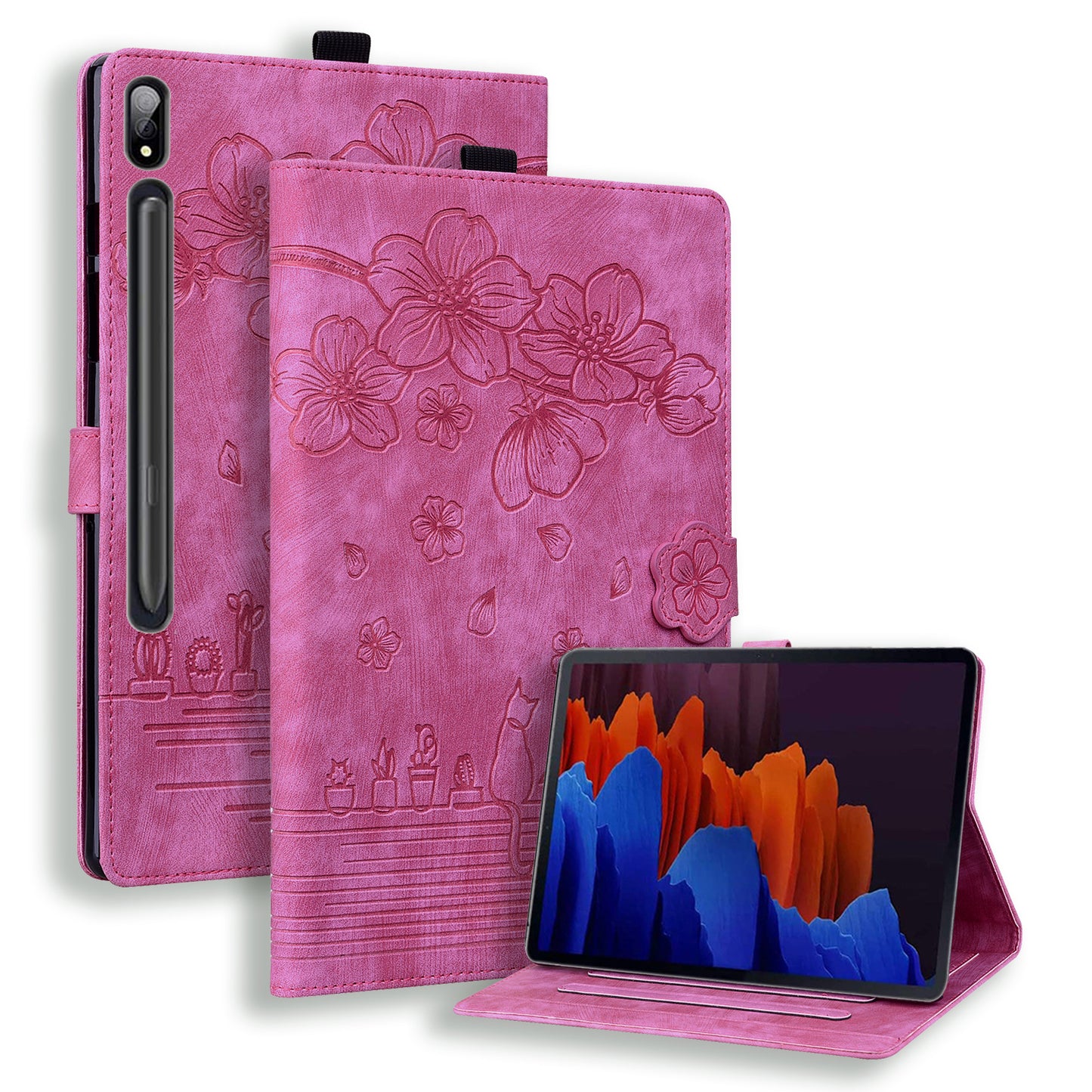 For Samsung Galaxy Tab S8 Ultra Card Slots Leather Tablet Case Stand Imprinted Flower Cat Tablet Cover