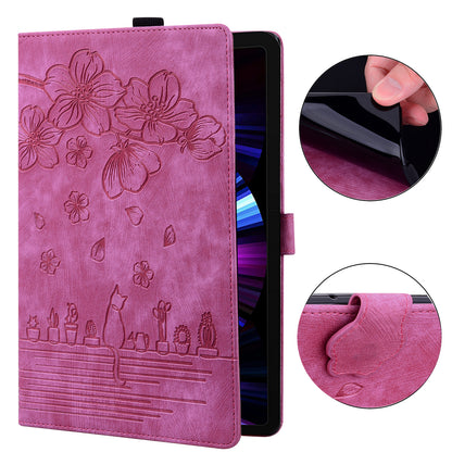 For Samsung Galaxy Tab S8 Ultra Card Slots Leather Tablet Case Stand Imprinted Flower Cat Tablet Cover