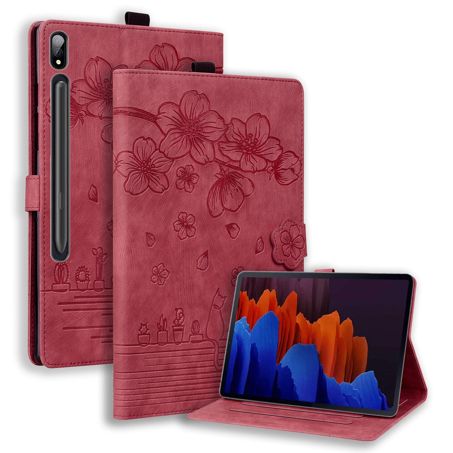 For Samsung Galaxy Tab S8 Ultra Card Slots Leather Tablet Case Stand Imprinted Flower Cat Tablet Cover