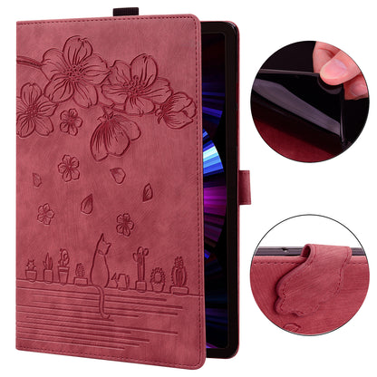 For Samsung Galaxy Tab S8 Ultra Card Slots Leather Tablet Case Stand Imprinted Flower Cat Tablet Cover