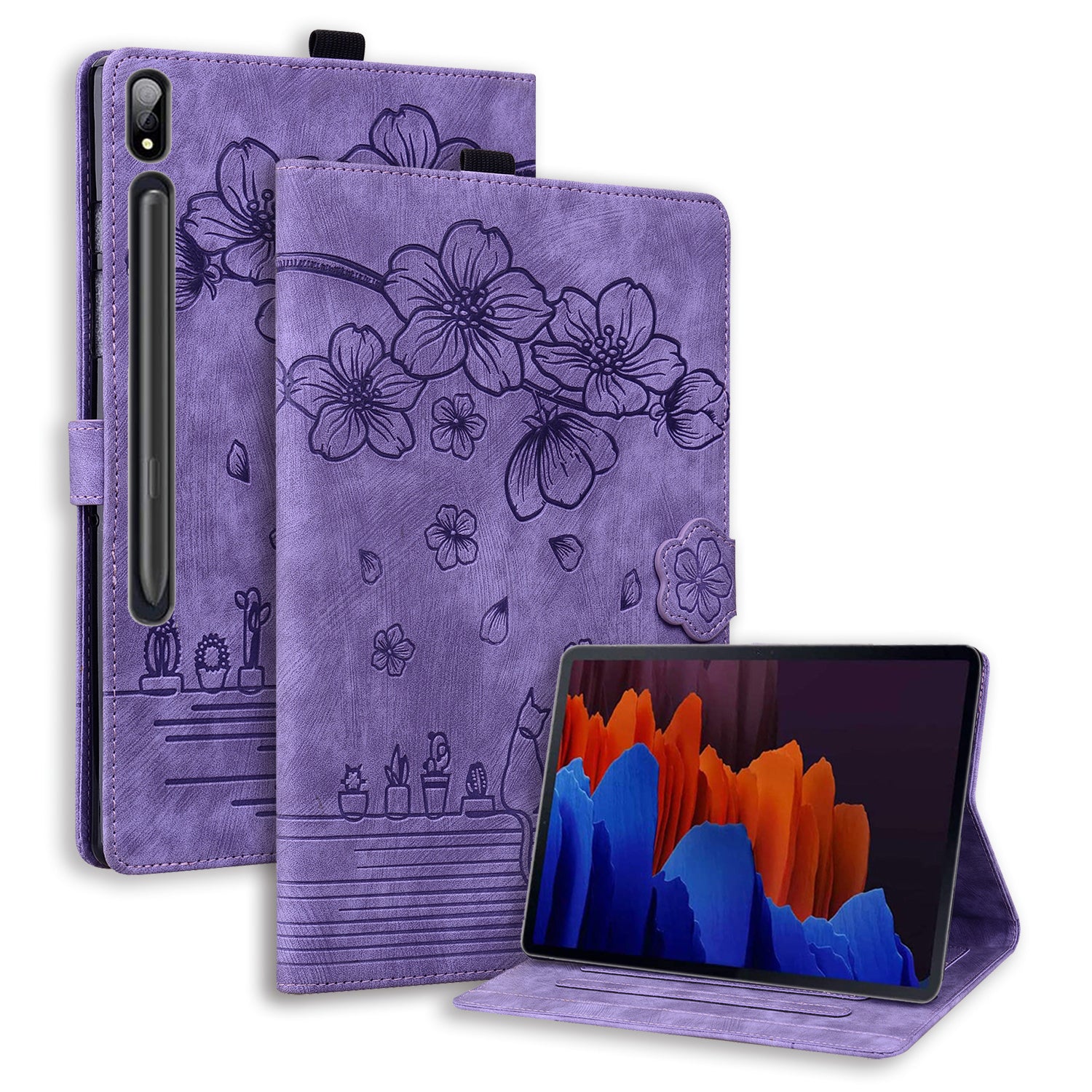 For Samsung Galaxy Tab S8 Ultra Card Slots Leather Tablet Case Stand Imprinted Flower Cat Tablet Cover