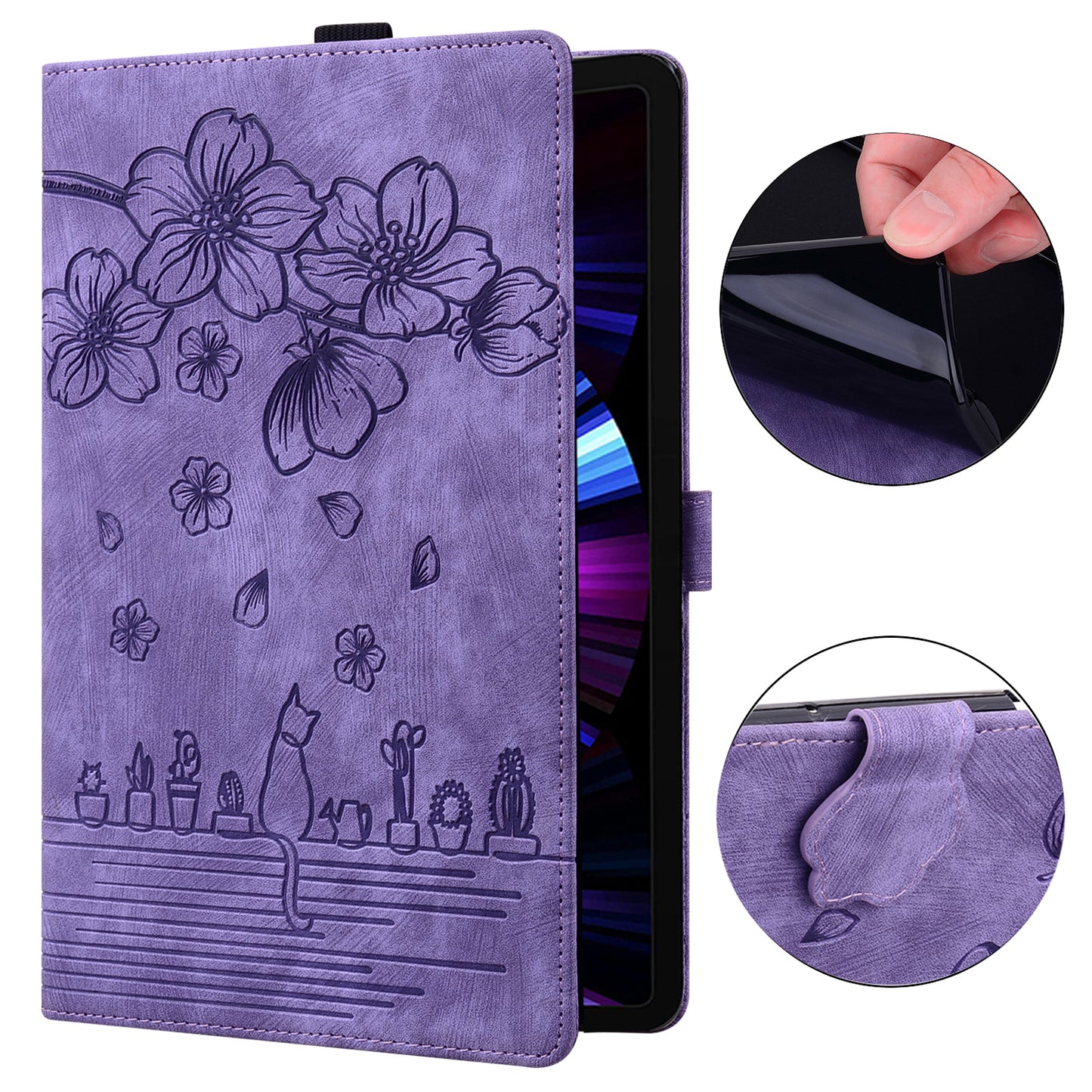 For Samsung Galaxy Tab S8 Ultra Card Slots Leather Tablet Case Stand Imprinted Flower Cat Tablet Cover