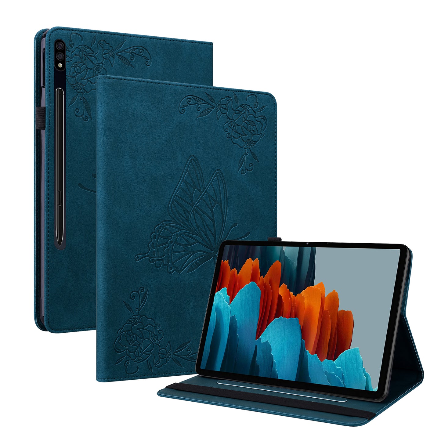 Anti-Slip Tablet Case for Samsung Galaxy Tab S9+ / S9 FE+ PU Leather Imprinted Butterfly Flower Card Holder Stand Cover