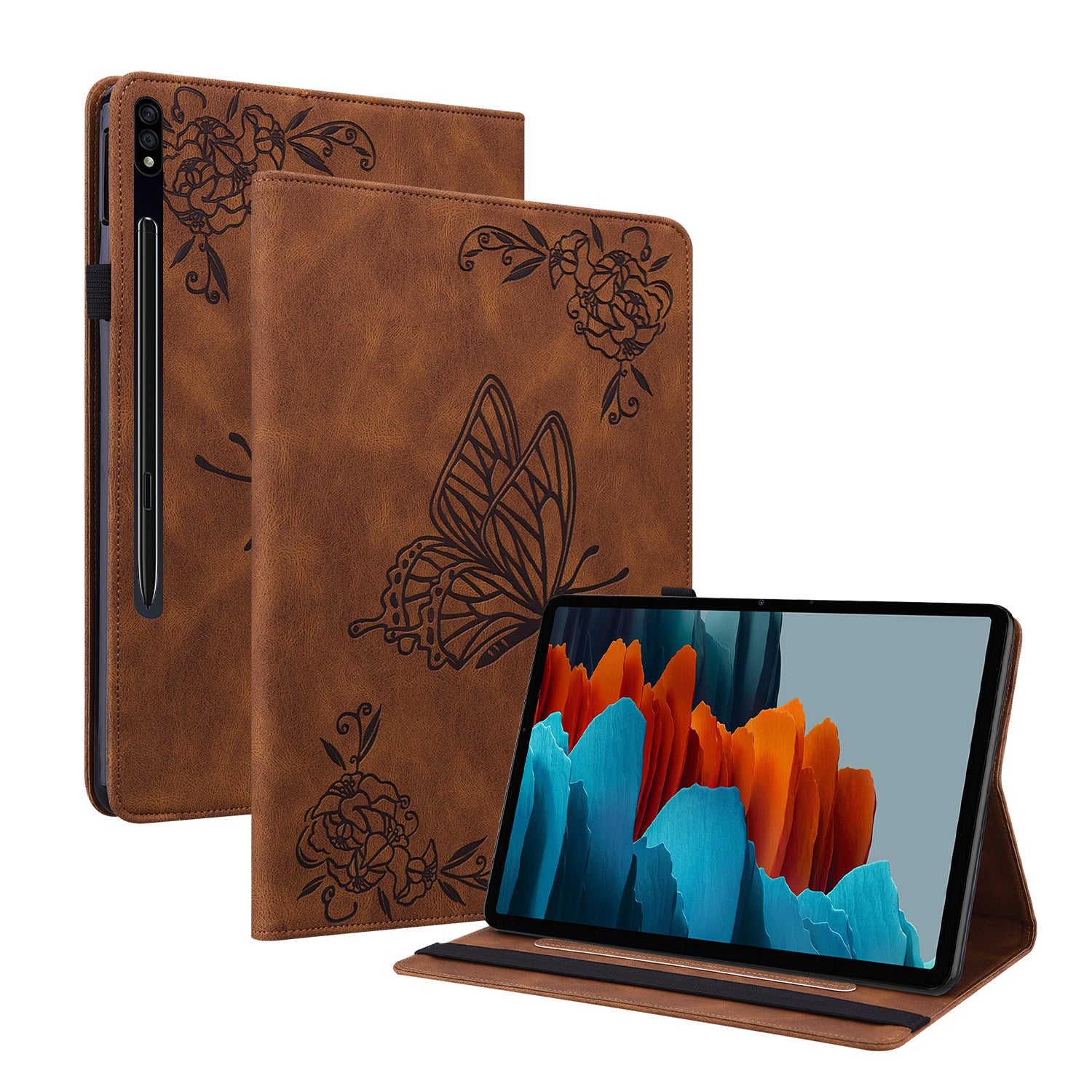 Anti-Slip Tablet Case for Samsung Galaxy Tab S9+ / S9 FE+ PU Leather Imprinted Butterfly Flower Card Holder Stand Cover