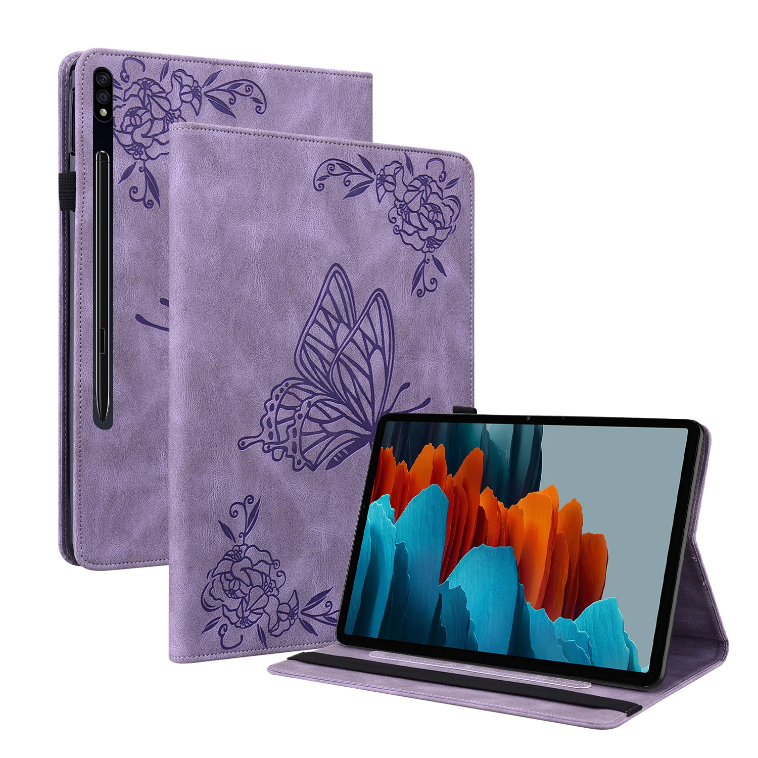 Anti-Slip Tablet Case for Samsung Galaxy Tab S9+ / S9 FE+ PU Leather Imprinted Butterfly Flower Card Holder Stand Cover