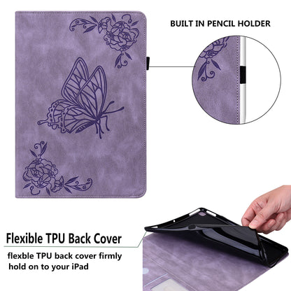 Anti-Slip Tablet Case for Samsung Galaxy Tab S9+ / S9 FE+ PU Leather Imprinted Butterfly Flower Card Holder Stand Cover