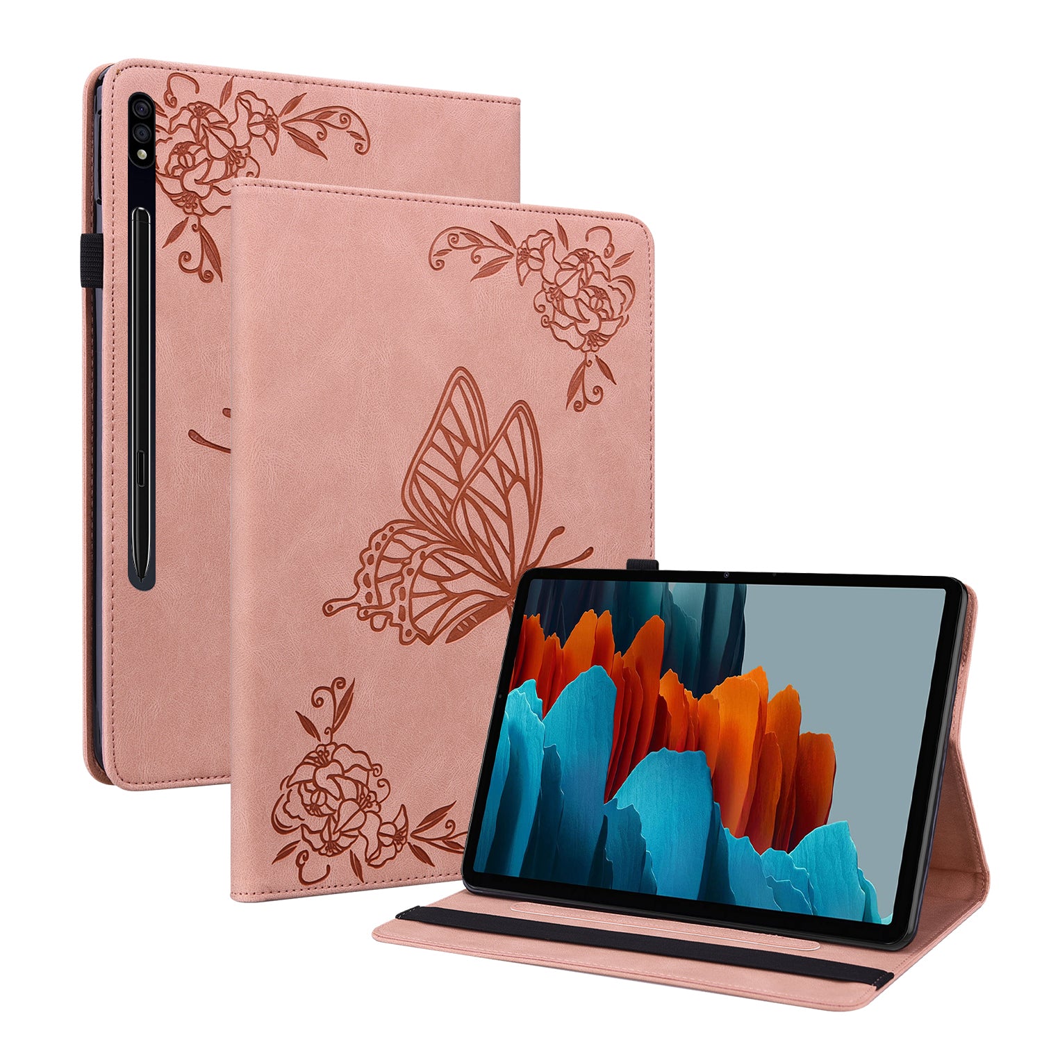 Anti-Slip Tablet Case for Samsung Galaxy Tab S9+ / S9 FE+ PU Leather Imprinted Butterfly Flower Card Holder Stand Cover