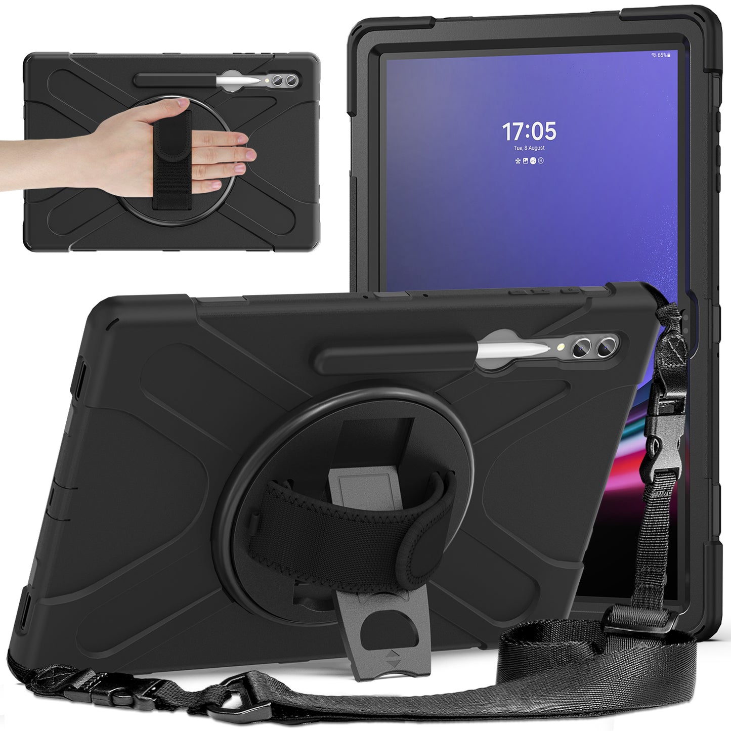 For Samsung Galaxy Tab S9 Ultra X910  /  S8 Ultra X900  /  X906 PC+Silicone Tablet Case Hand Band Kickstand with Shoulder Strap