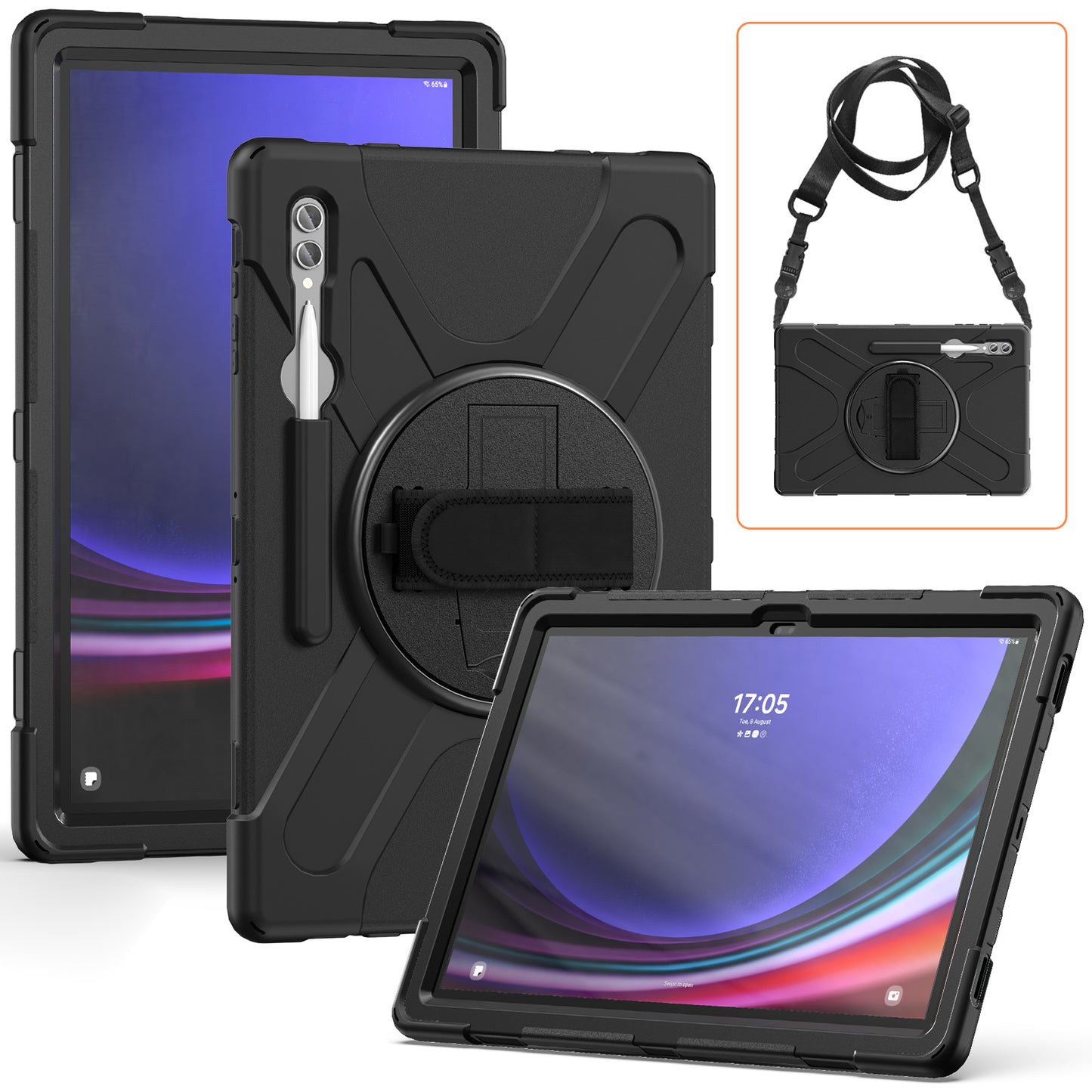 For Samsung Galaxy Tab S9 Ultra X910  /  S8 Ultra X900  /  X906 PC+Silicone Tablet Case Hand Band Kickstand with Shoulder Strap