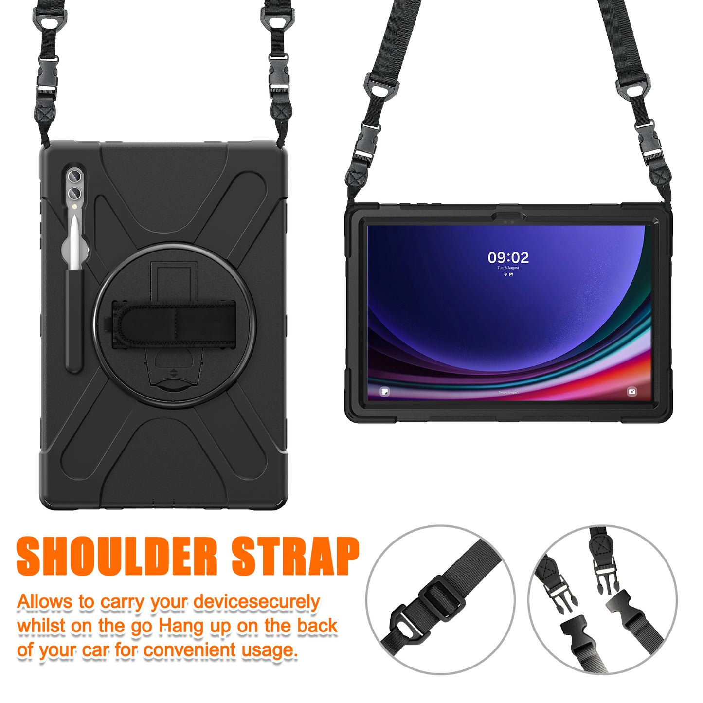 For Samsung Galaxy Tab S9 Ultra X910  /  S8 Ultra X900  /  X906 PC+Silicone Tablet Case Hand Band Kickstand with Shoulder Strap