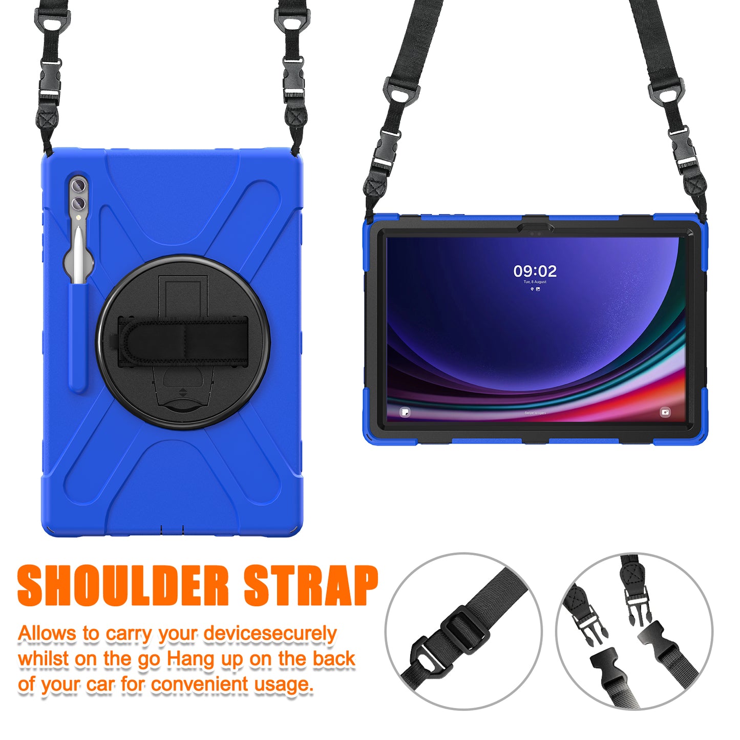 For Samsung Galaxy Tab S9 Ultra X910  /  S8 Ultra X900  /  X906 PC+Silicone Tablet Case Hand Band Kickstand with Shoulder Strap