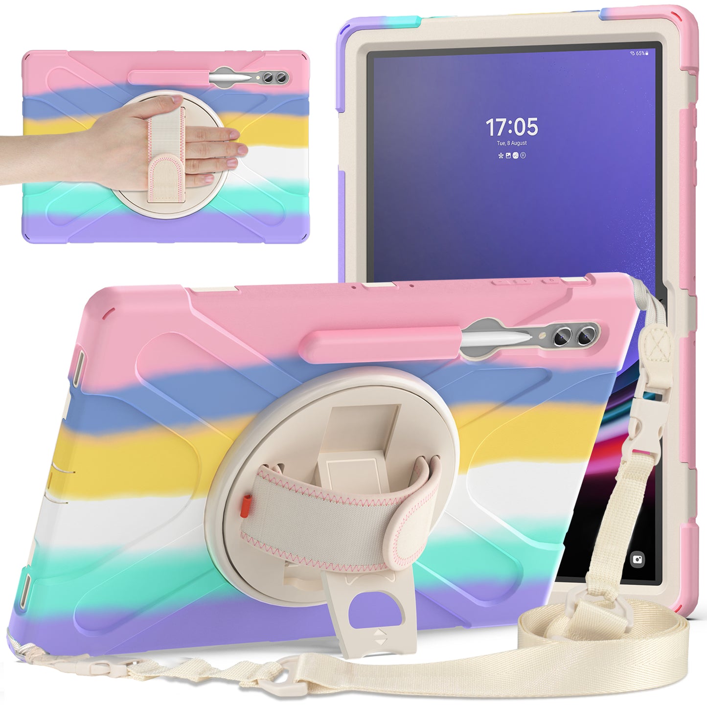 For Samsung Galaxy Tab S9 Ultra X910  /  S8 Ultra X900  /  X906 PC+Silicone Tablet Case Hand Band Kickstand with Shoulder Strap