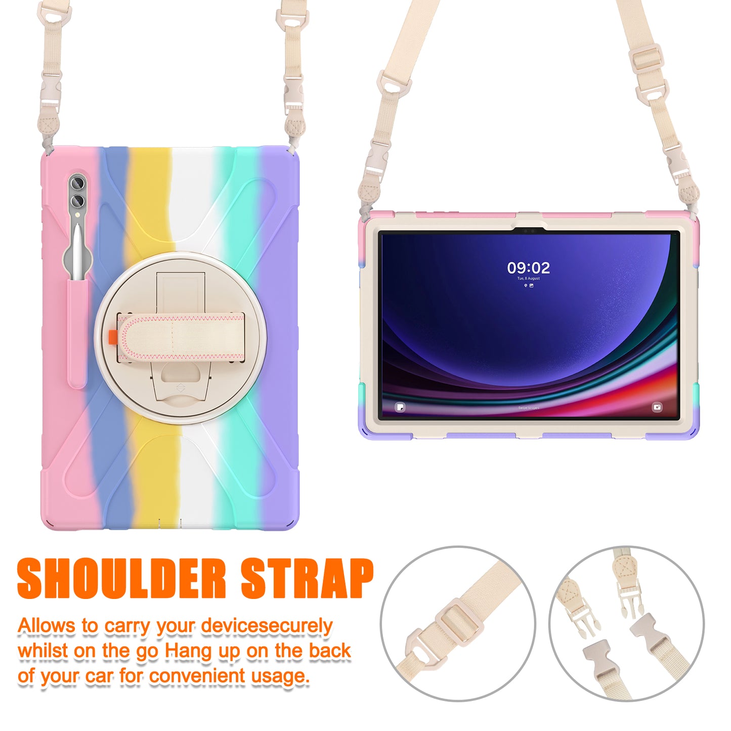 For Samsung Galaxy Tab S9 Ultra X910  /  S8 Ultra X900  /  X906 PC+Silicone Tablet Case Hand Band Kickstand with Shoulder Strap