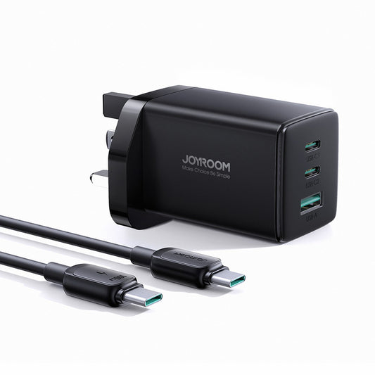 JOYROOM TCG01 65W GaN Ultra Fast Charger 2USB-C+1USB-A Wall Charger Kit with 100W 1.2m Type-C to Type-C Cable, Black (UK Plug)