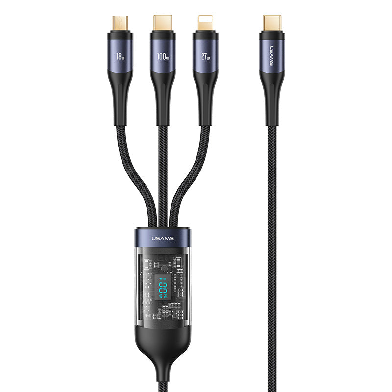 USAMS US-SJ600 U83 1.2m USB-C to Lightning / Type-C / Micro 3-in-1 Transparent Digital Display PD 100W Fast Charging Data Cable