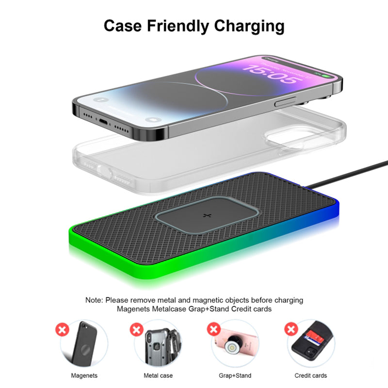 Ambient Light Car 15W Cellphone Wireless Charger Non-Slip Mat Auto SUV Charging Pad with 0.3m USB Cable