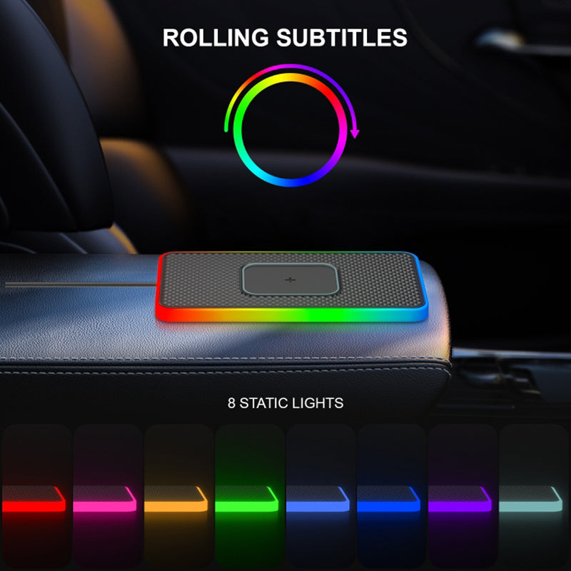 Ambient Light Car 15W Cellphone Wireless Charger Non-Slip Mat Auto SUV Charging Pad with 0.3m USB Cable