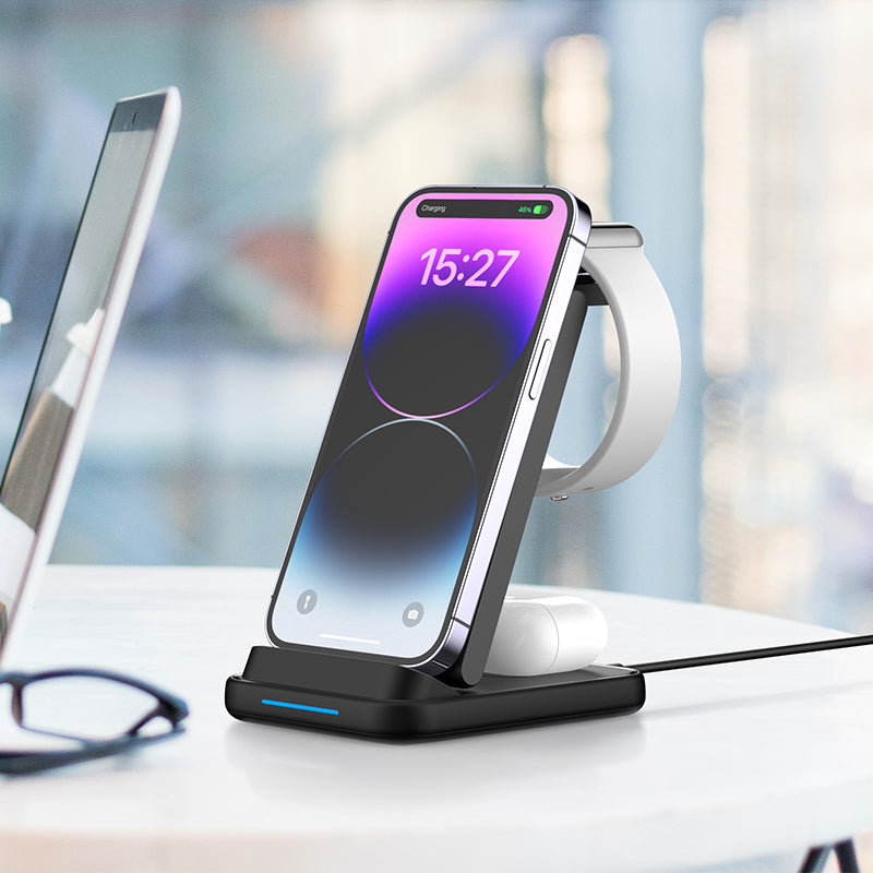 Z3 Portable 15W Wireless Charger Multifunctional 3-in-1 Folding Vertical Headset Charging Stand for Apple Watch