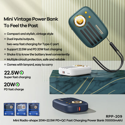 REMAX RPP-209 Mini Radio Shape Vintage Power Bank 10000mAh 20W+22.5W PD+QC Portable Fast Phone Charger