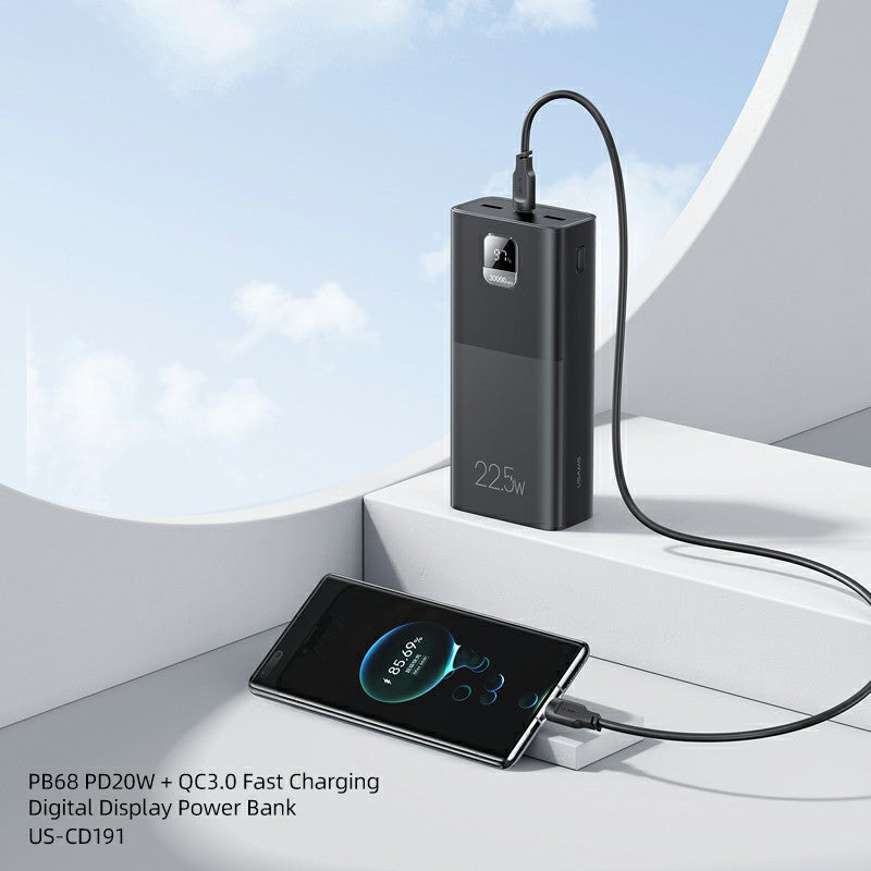 USAMS  US-CD191 PB68 PD 20W + QC3.0 Fast Charging Digital Display ABS Power Bank 22.5W 30000mAh Phone External Battery