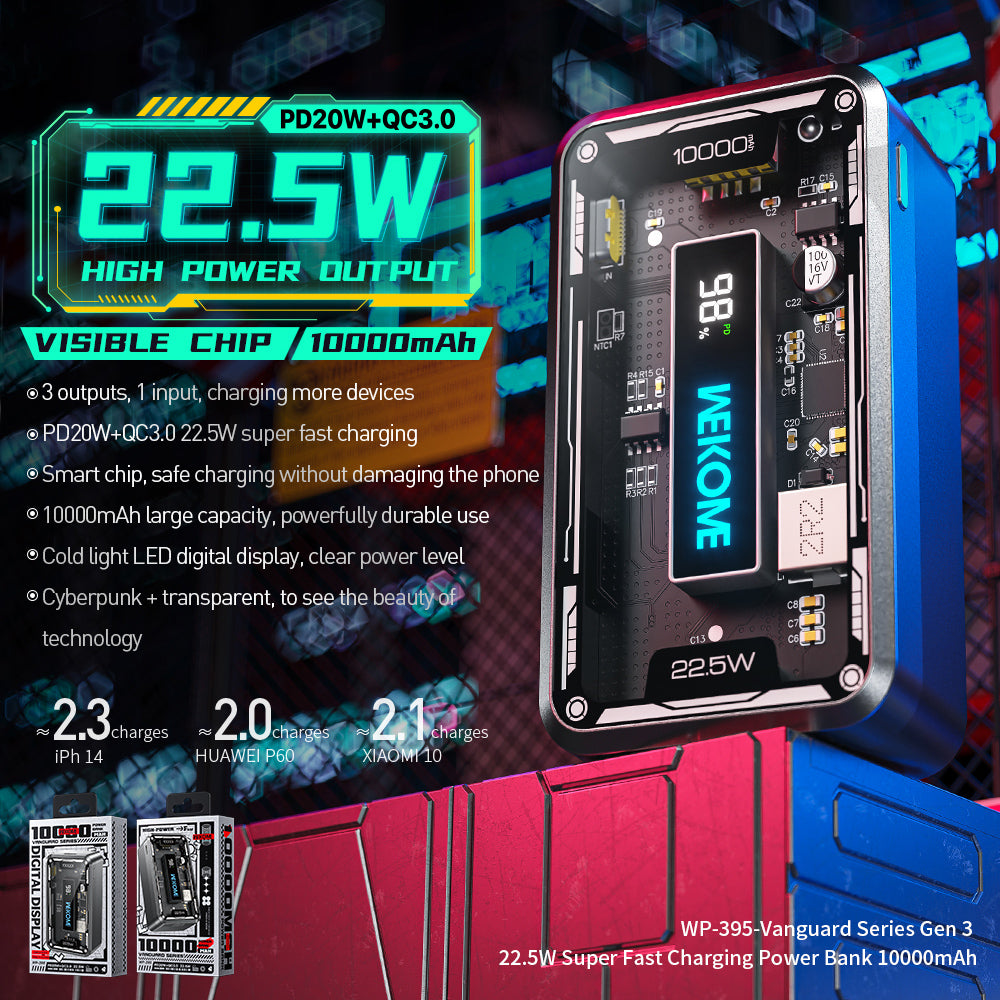 WEKOME WP-395 Vanguard Series 22.5W Super Fast Phone Charger 10000mAh Power Bank with LED Digital Display