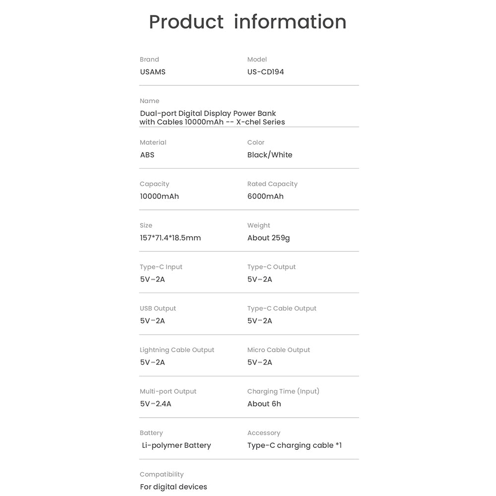 USAMS US-CD194 Dual-Port Digital Display 10W 10000mAh Power Bank with 3 Cables for Cell Phone Portable Charger