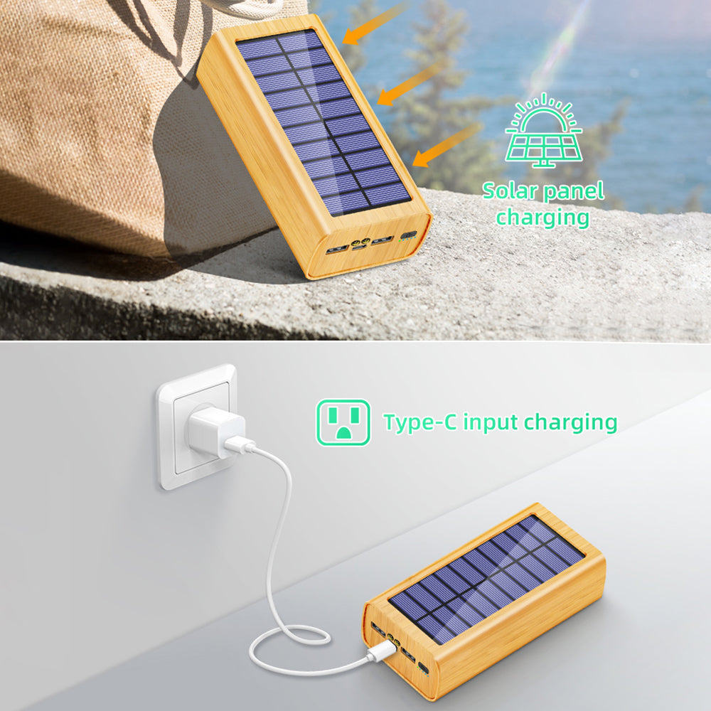 M9-M3 Digital Display Solar Power Bank Wooded Texture Portable Phone Charger 30000mAh External Battery Pack