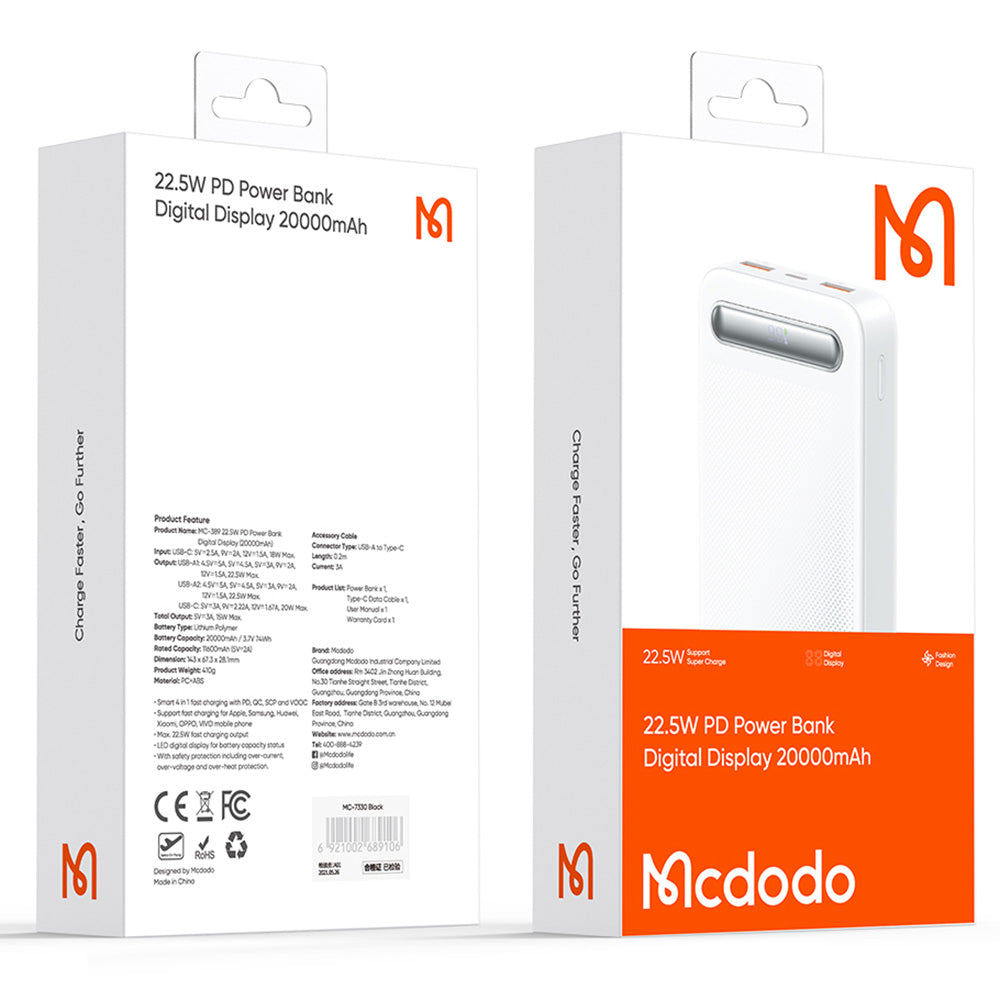 MCDODO MC-389 22.5W PD Digital Display Power Bank 20000mAh External Battery Pack Portable Phone Charger