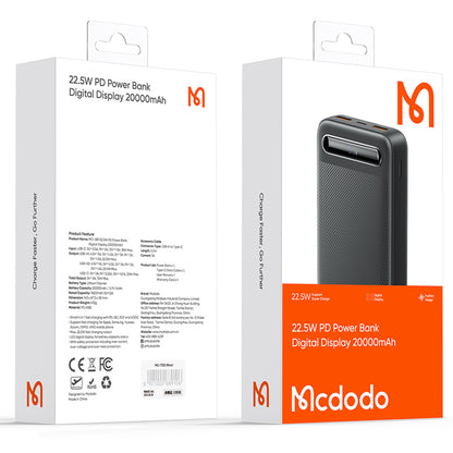 MCDODO MC-389 22.5W PD Digital Display Power Bank 20000mAh External Battery Pack Portable Phone Charger