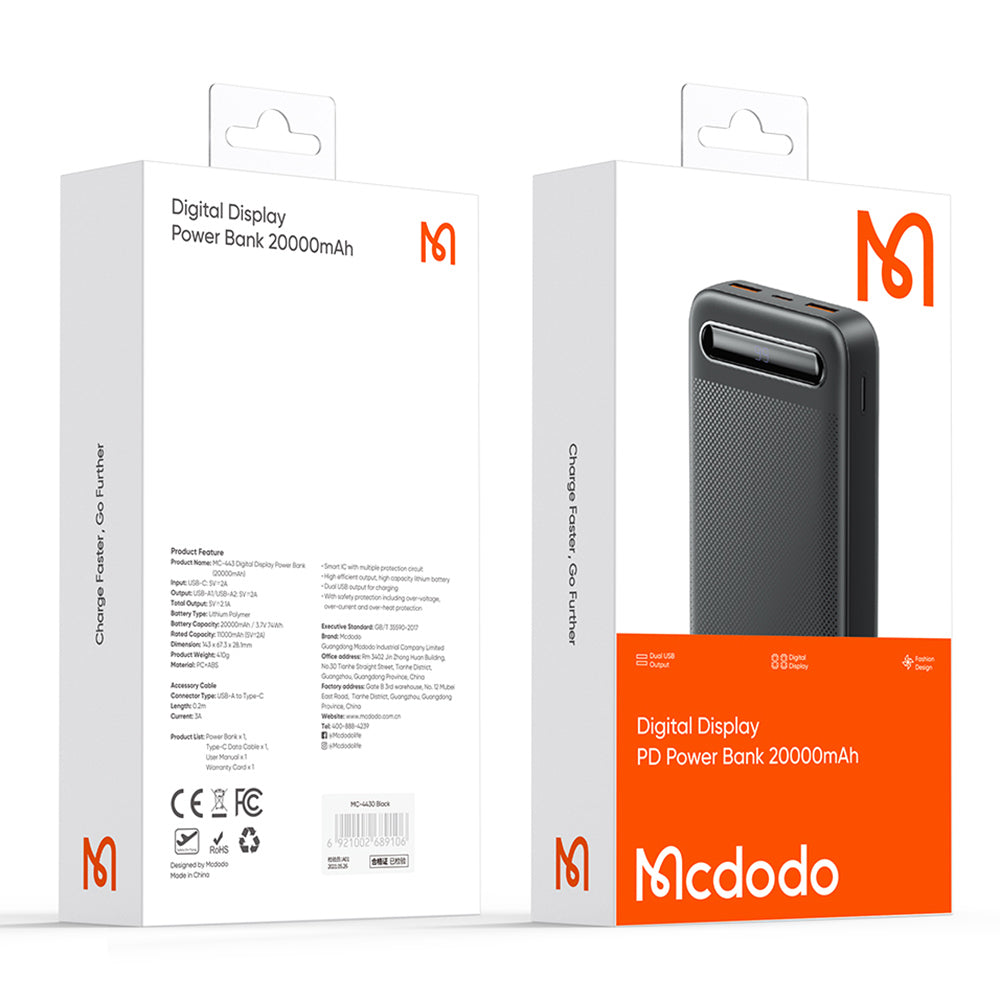 MCDODO MC-4432 5V2.1A Digital Display Power Bank Portable Phone Charger 20000mAh External Battery Pack