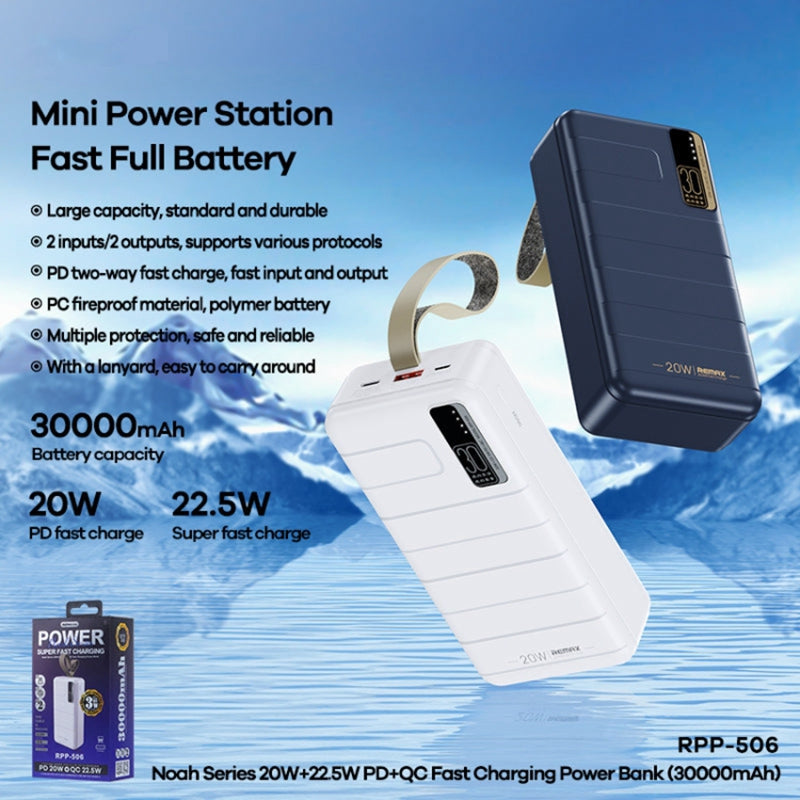 REMAX RPP-506 30000mAh Power Bank 20W+22.5W PD+QC Fast Charging Mobile Phone Charger with LED Display