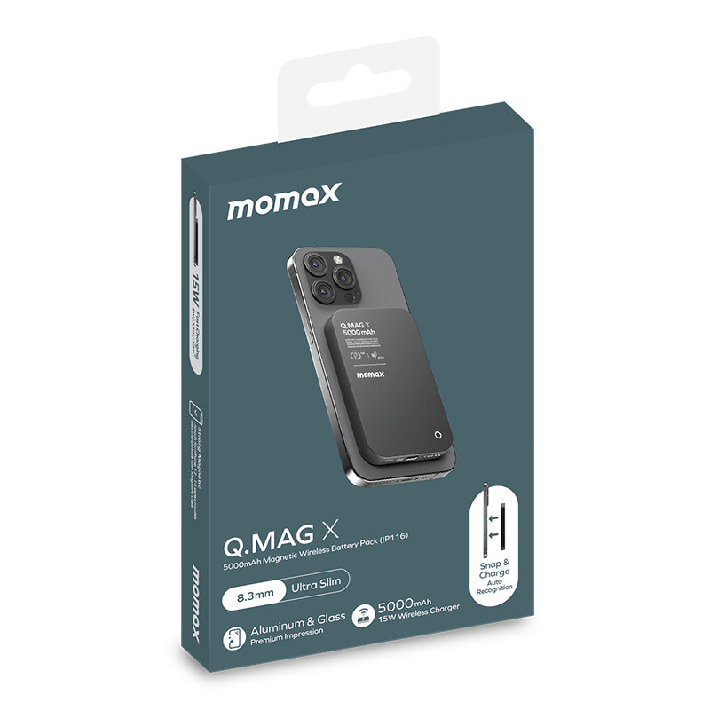 MOMAX Q.MAG X Metal Magnetic Wireless Charger 5000mAh Cell Phone Power Bank Compatible with MagSafe, Black