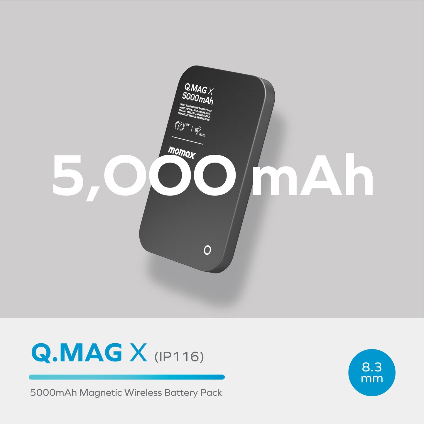 MOMAX Q.MAG X Metal Magnetic Wireless Charger 5000mAh Cell Phone Power Bank Compatible with MagSafe, Black