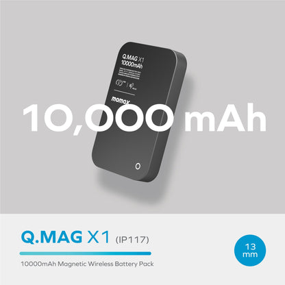 MOMAX Q.MAG X1 10000mAh Cell Phone Power Bank Portable Magnetic Wireless Charger External Phone Battery, Black