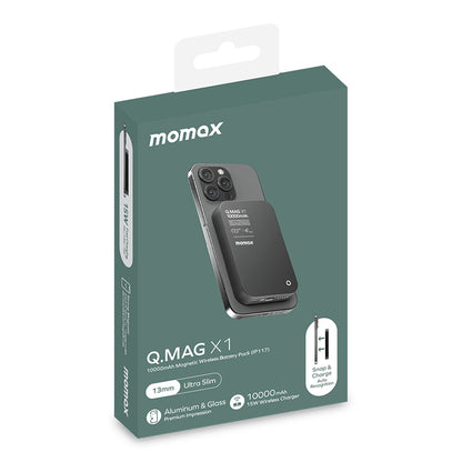 MOMAX Q.MAG X1 10000mAh Cell Phone Power Bank Portable Magnetic Wireless Charger External Phone Battery, Black