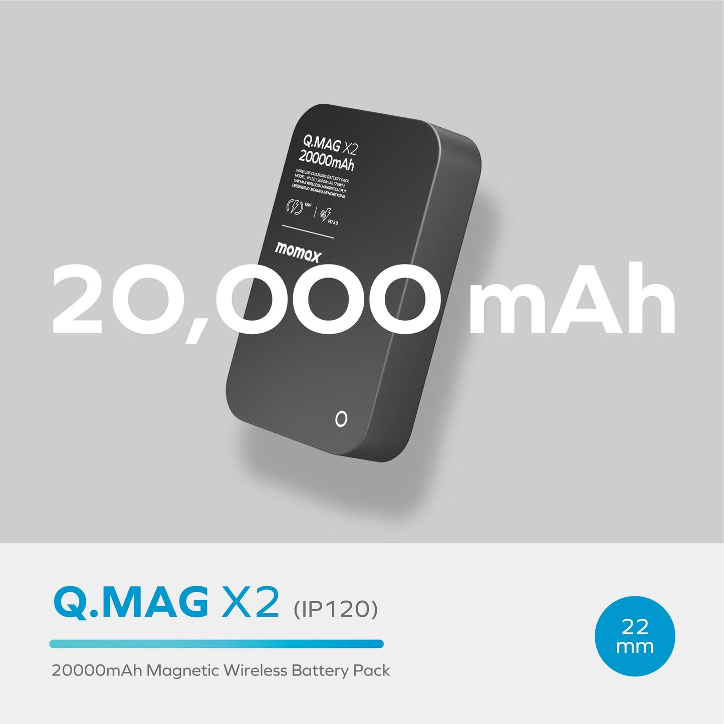 MOMAX Q.MAG X2 Portable Metal Magnetic Wireless Charger 20000mAh Power Bank External Phone Battery, Black