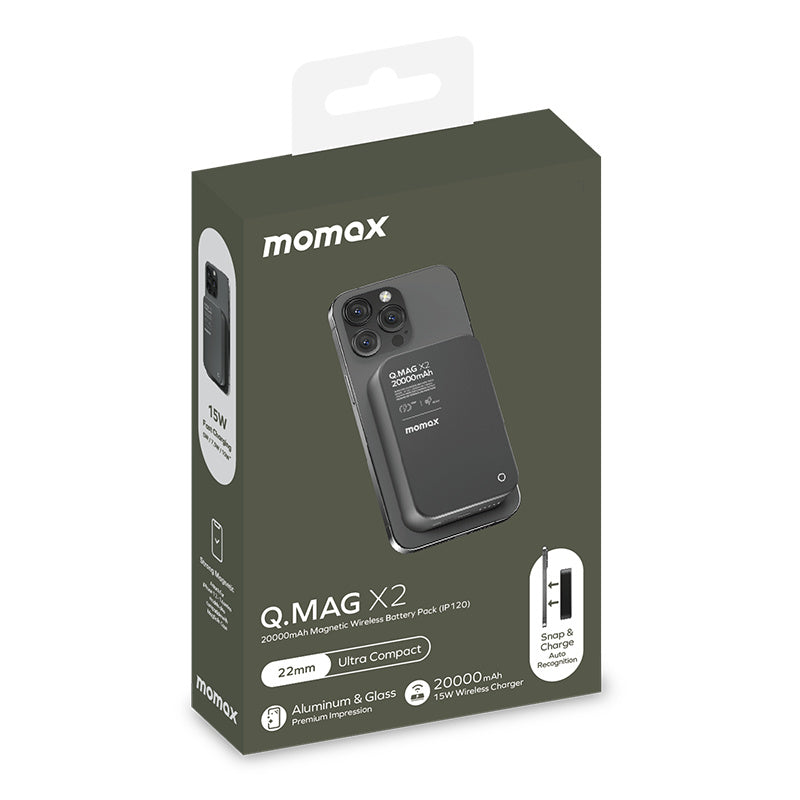 MOMAX Q.MAG X2 Portable Metal Magnetic Wireless Charger 20000mAh Power Bank External Phone Battery, Black