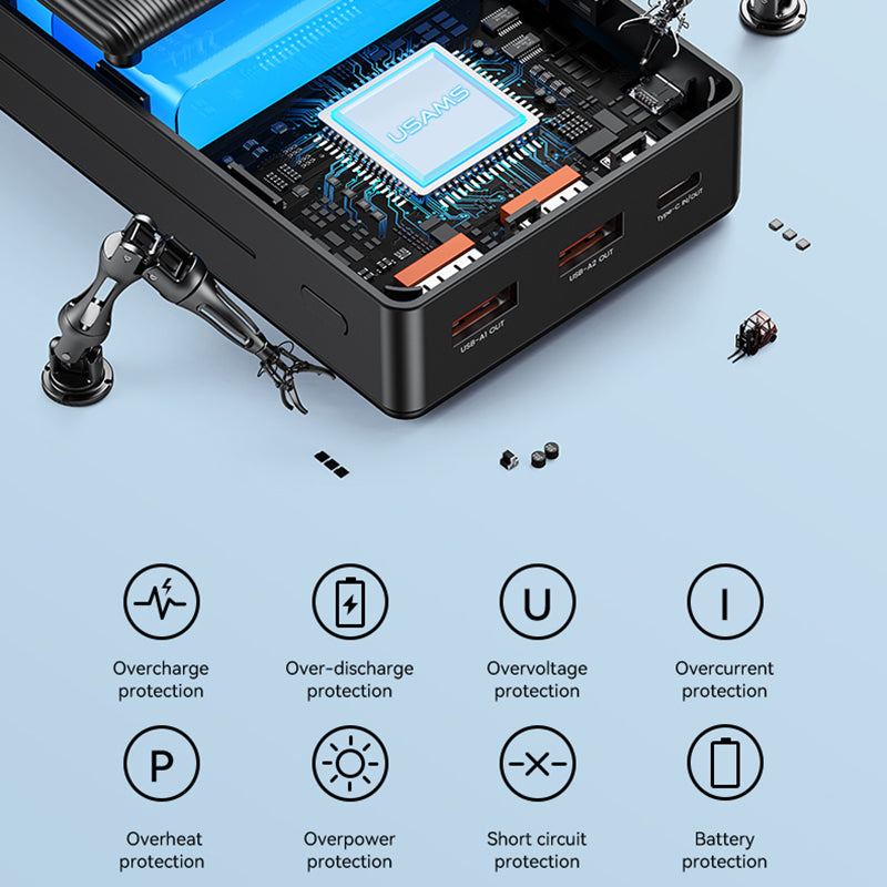 USAMS US-CD203 PB71 PD 20W + QC3.0 Fast Charging Power Bank 2 USB + 1 Type-C 10000mAh Phone External Battery